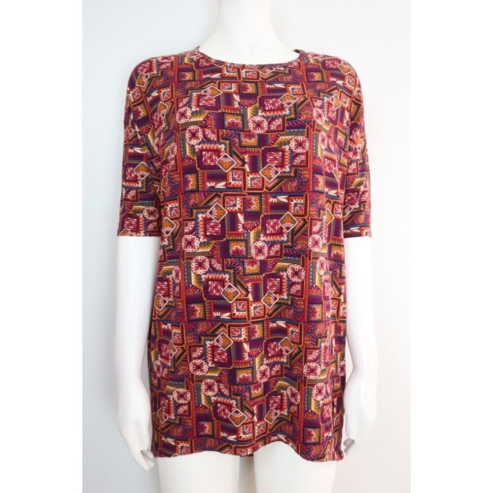 LULAROE IRMA - WOMEN'S MAROON RED PRINT SHORT SLEEVE TUNIC T-SHIRT TOP SIZE XXS
